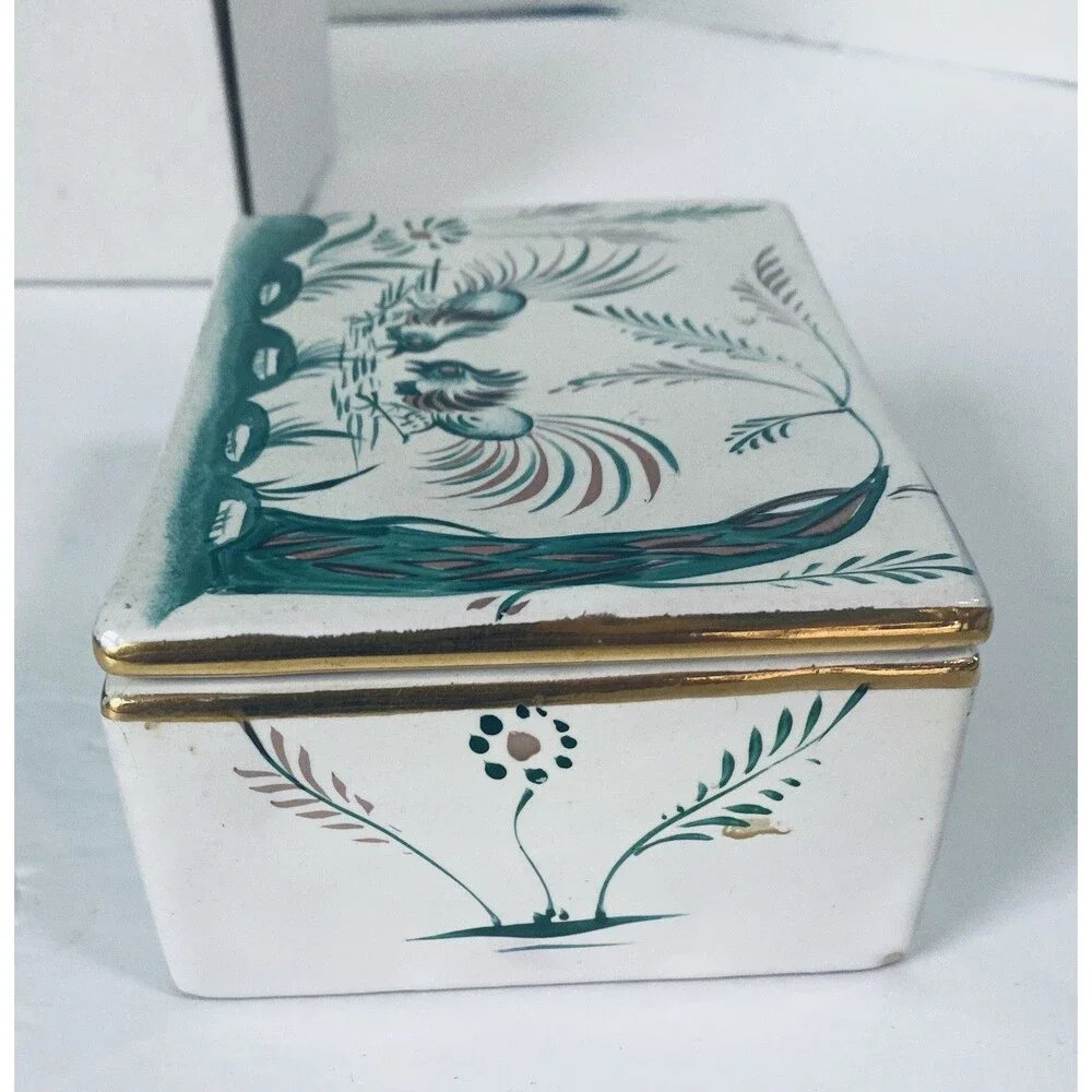 VTG  Porcelain trinket Box Roster  Bird Flower  Green W Gold Trim Italy ARS 792